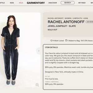 Rachel Antonoff Velvet Jumpsuit - Size XS